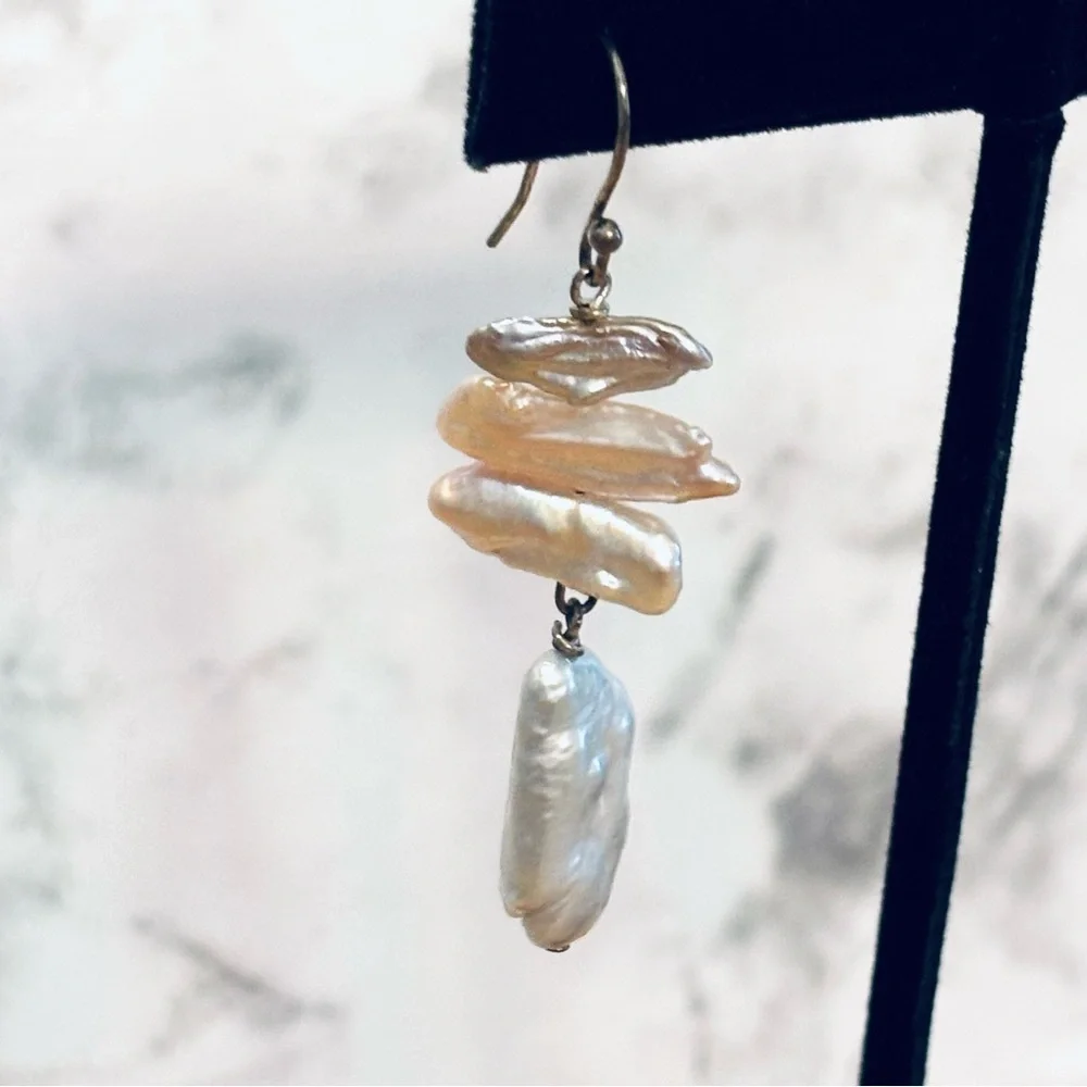 Natural Baroque Lute Dangly Drop Earrings Sterling Silver 925 Bridal Formal - Picture 3 of 6